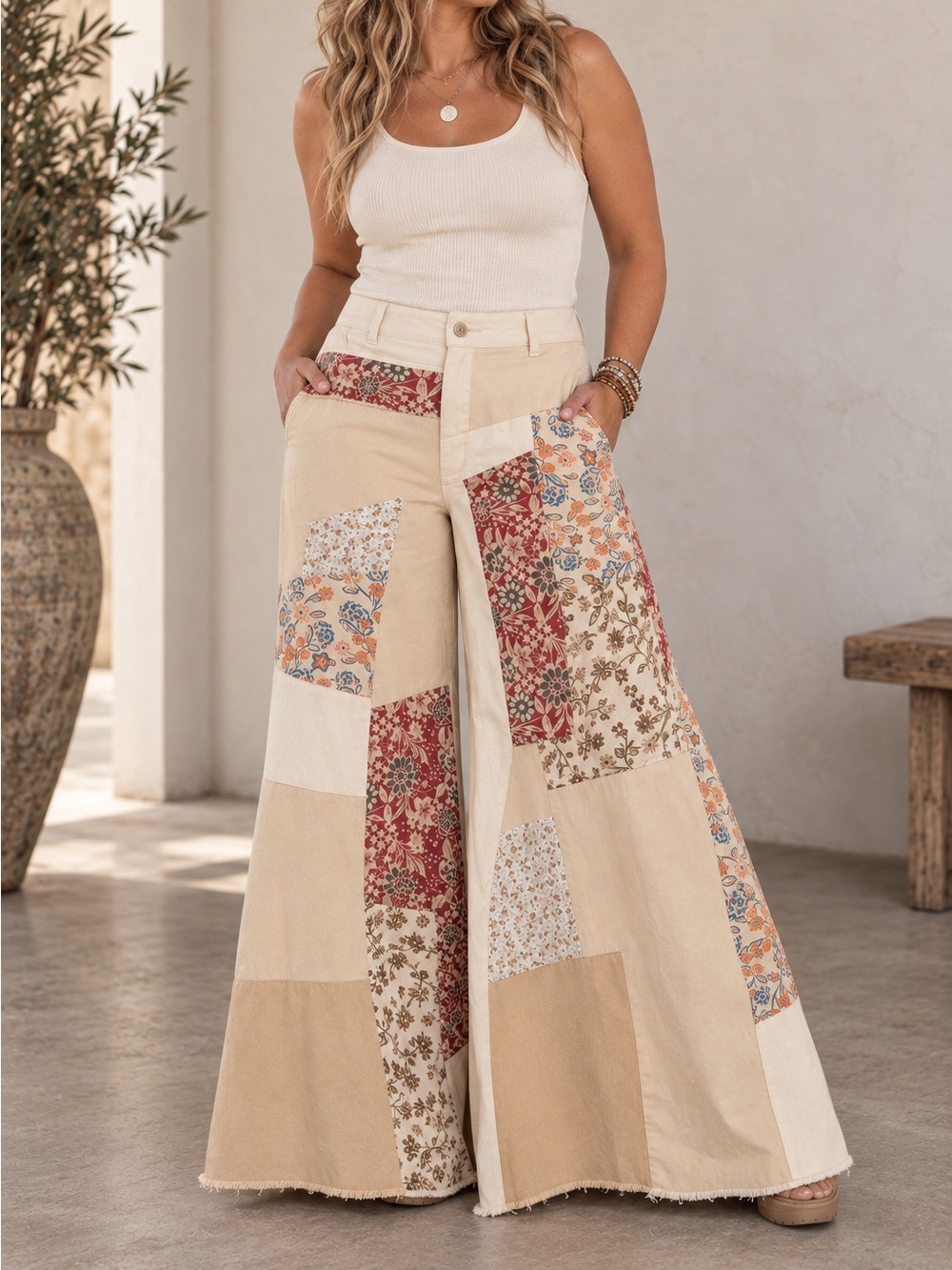 BlueVelvet XL Wide Leg Patchwork Pants Cream Floral Boho Festival